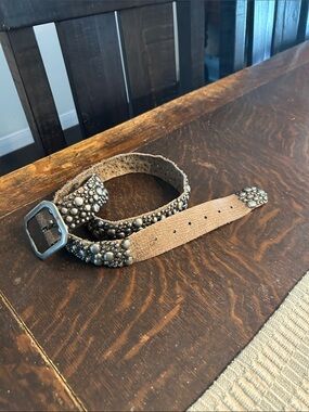 Studded Leather Waist Belt in Tan with Silver Accents
